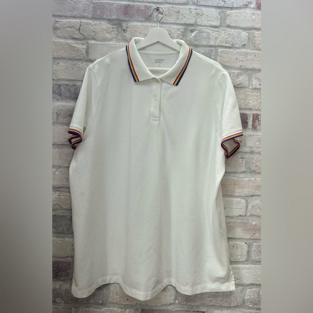 Lands End Womens Polo Rainbow Collared White Cotton Shirt Classic Costal 2XL - Picture 2 of 9